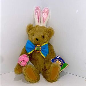 Vintage Vermont Teddy Bear Brown Plush Happy Easter Bear Wearing Bunny Ears